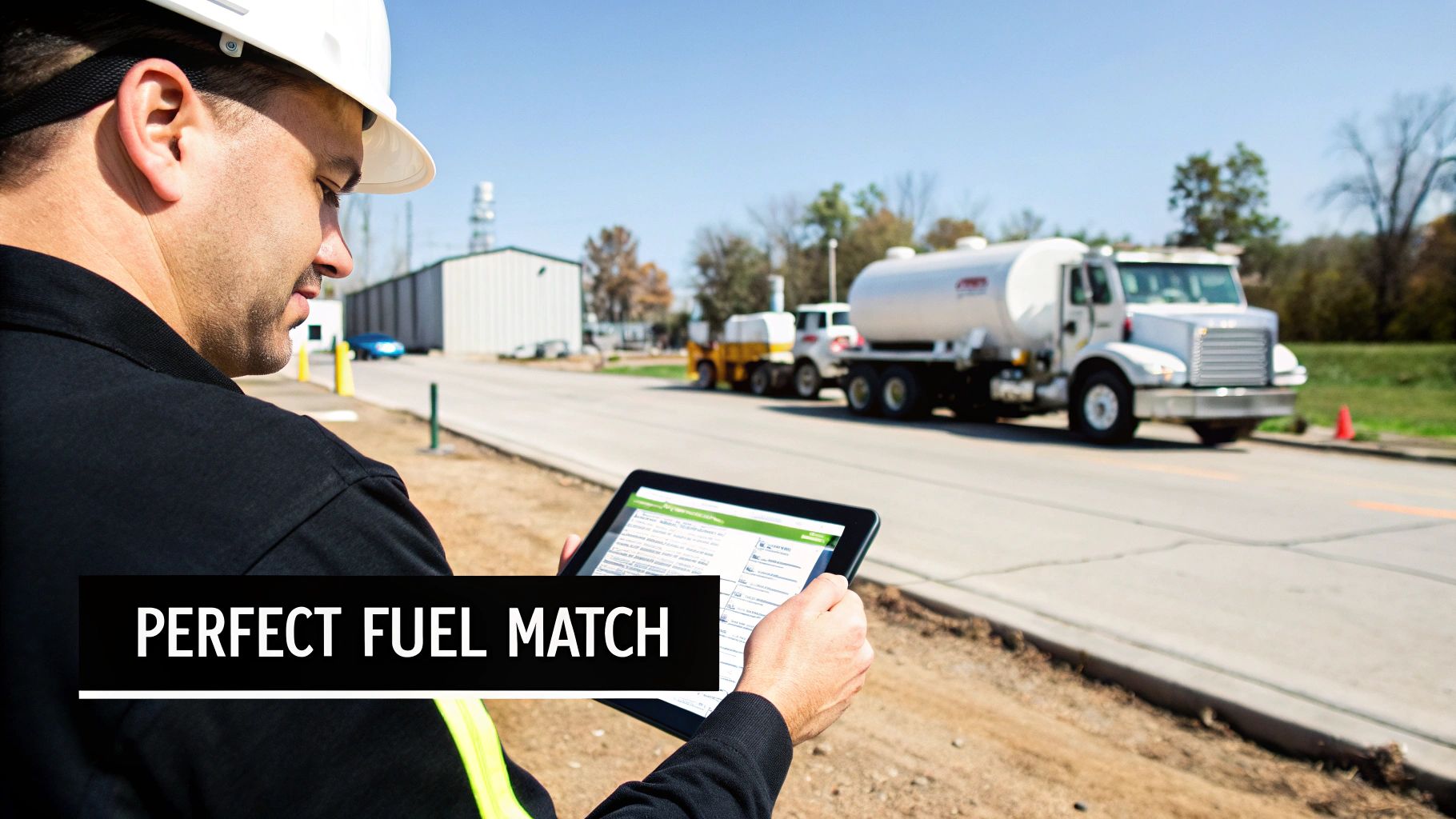 A man in a hard hat uses a tablet with fuel trucks and industrial buildings in the background.