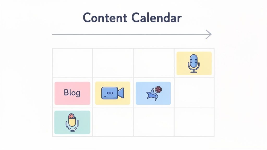 A content calendar grid visually outlining various content types, including blog posts, videos, and podcasts.