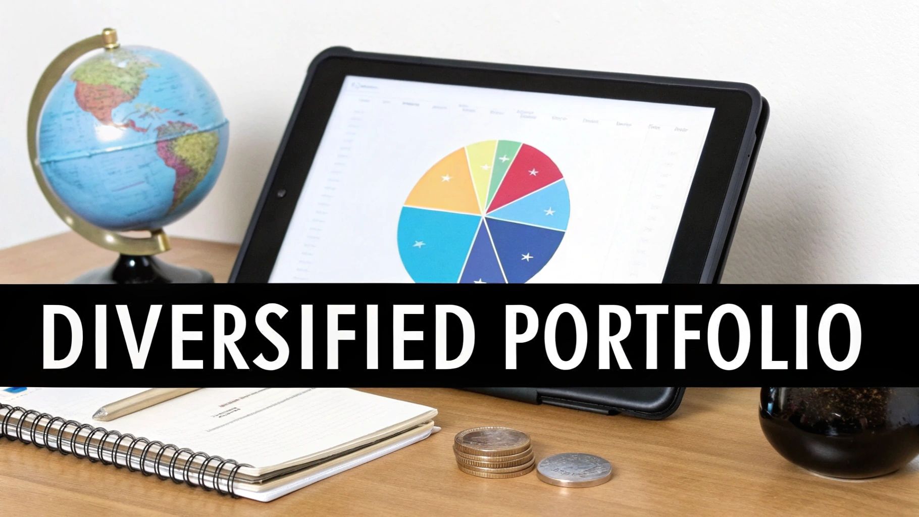 A desk setup with a globe, tablet showing a pie chart, notebook, and coins, labeled 'DIVERSIFIED PORTFOLIO'.