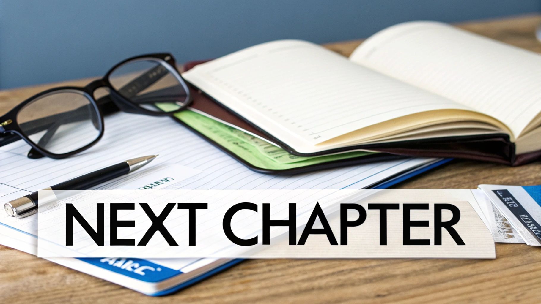 A desk setup with glasses, a pen, open notebooks, and a banner displaying 'NEXT CHAPTER', symbolizing new beginnings or planning.