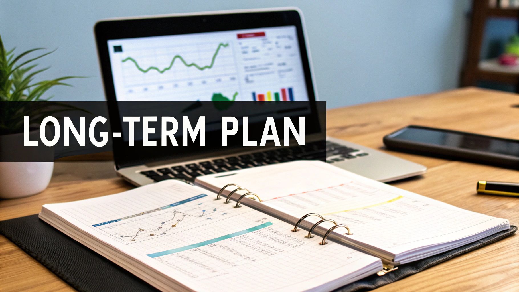 Desk with laptop displaying charts and an open planner, overlaid with 'LONG-TERM PLAN' banner.
