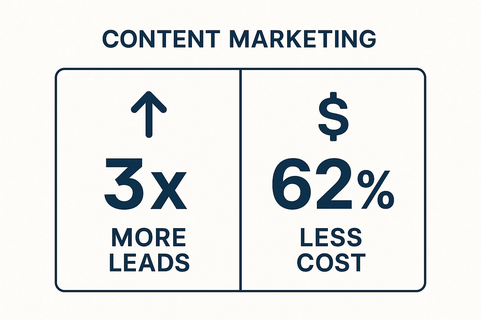 Infographic showing that content marketing generates 3x more leads and costs 62% less than traditional marketing.