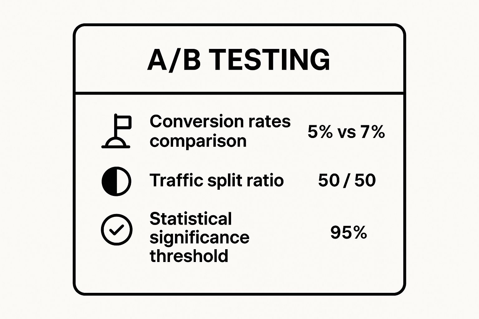 Infographic showing key data about A/B Testing, including a conversion rate comparison (5% vs 7%), a 50/50 traffic split, and a 95% statistical significance threshold.