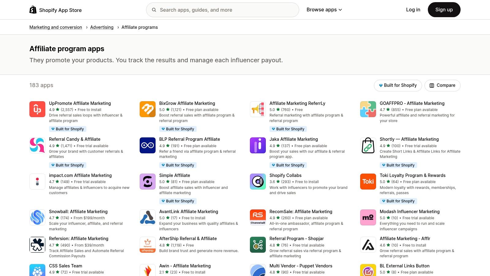 Shopify App Store – Influencer/Affiliate category