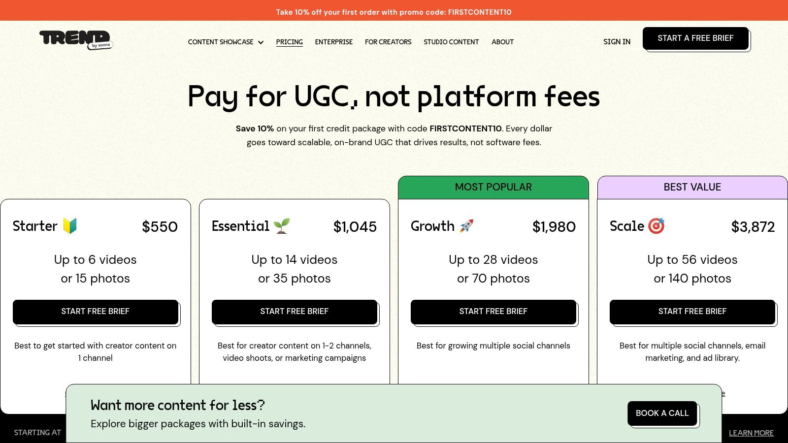 Trend's credit-based pricing plans are a feature of its UGC creator platform