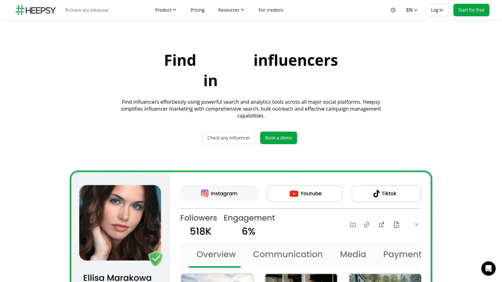 Heepsy influencer profile showing analytics and metrics