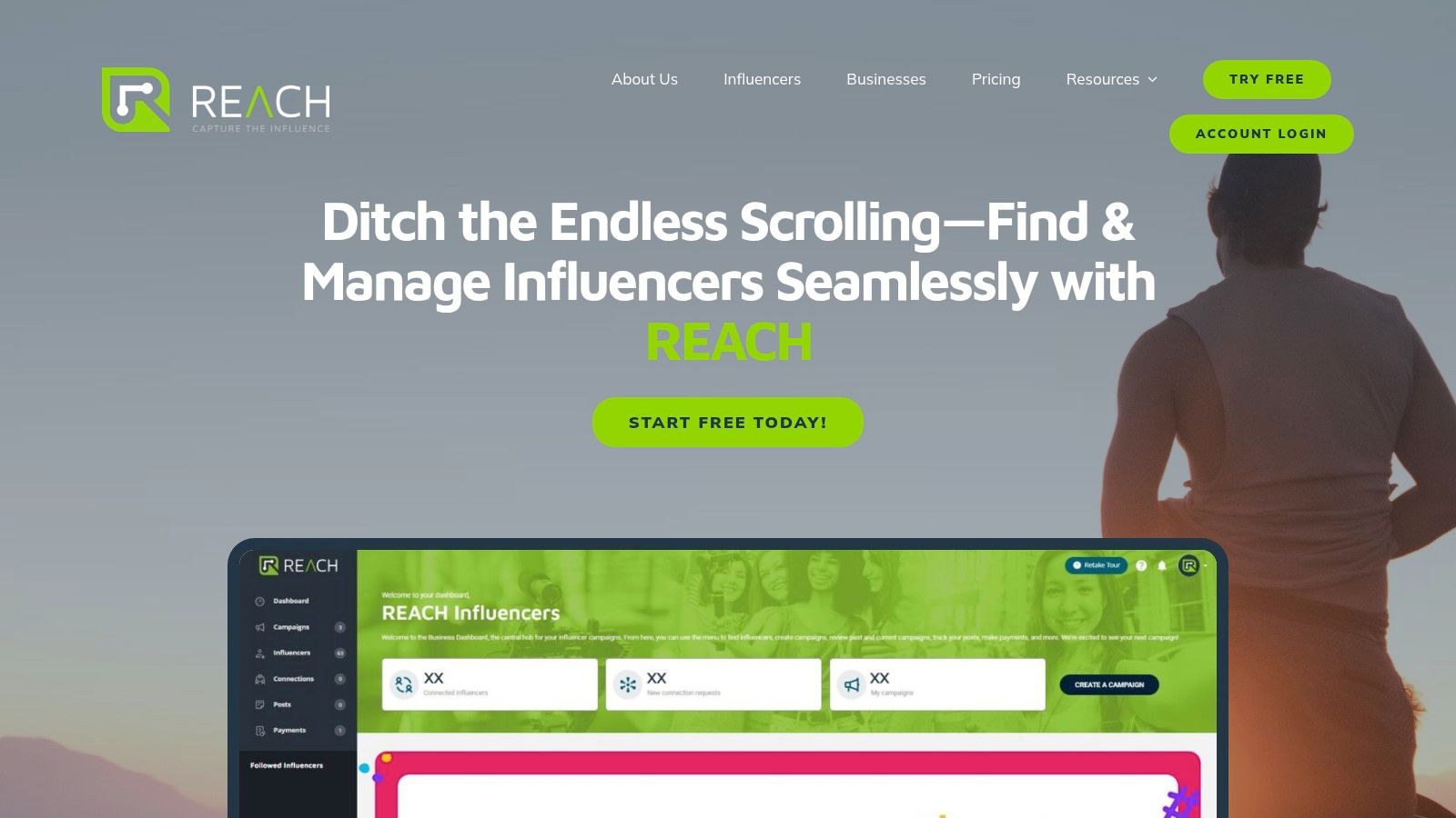 A dashboard view of the REACH influencer marketing platform, a key tool for digital marketing agencies