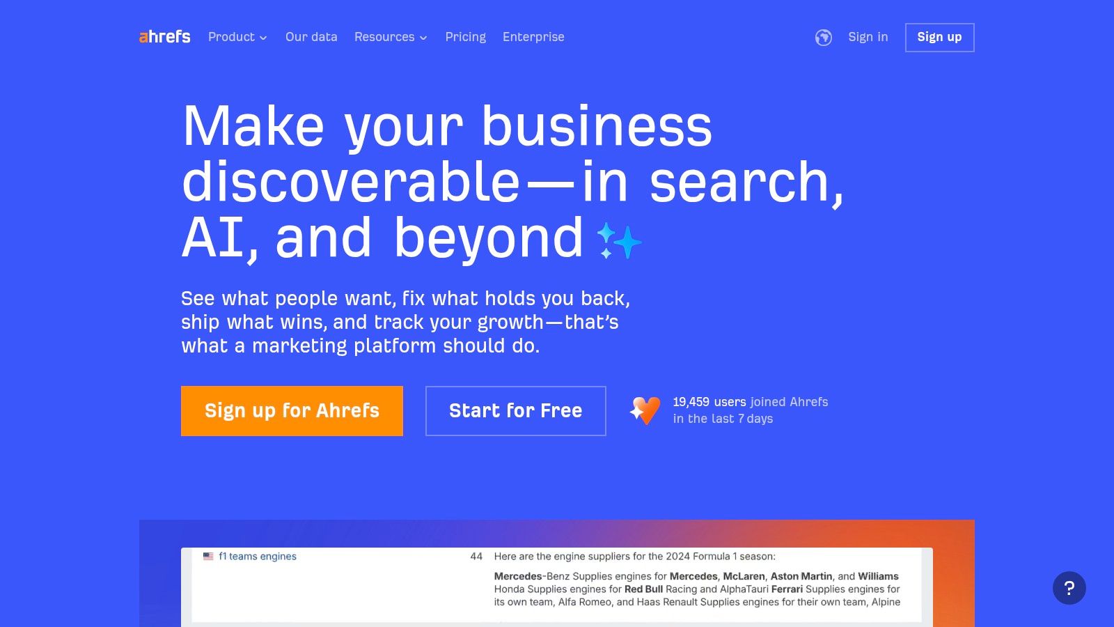 Ahrefs homepage showing its main SEO tools