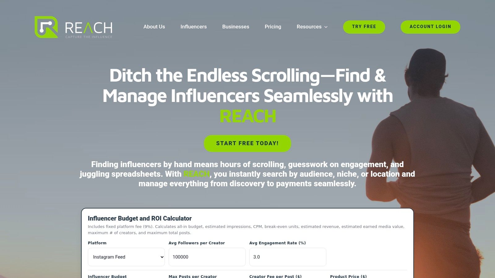 A screenshot of the REACH influencer marketing platform dashboard, showing campaign analytics and influencer profiles.