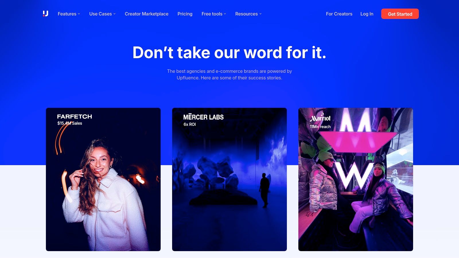 Upfluence website screenshot showing various case studies with brand logos and campaign results.