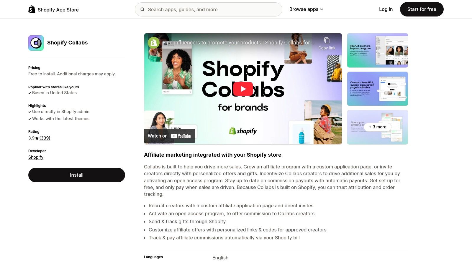 A screenshot of the Shopify Collabs dashboard, showing an affiliate program application page, illustrating its use as an influencer software for fashion brands.