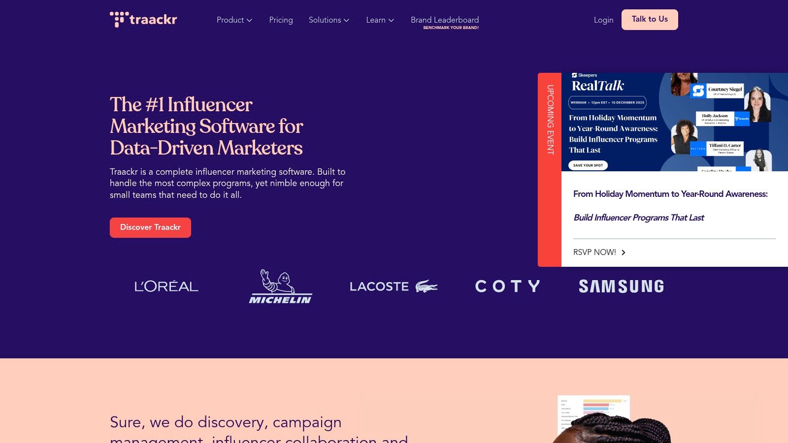 A screenshot of the Traackr dashboard showing detailed influencer analytics and campaign performance data, highlighting its use as influencer software for fashion brands.