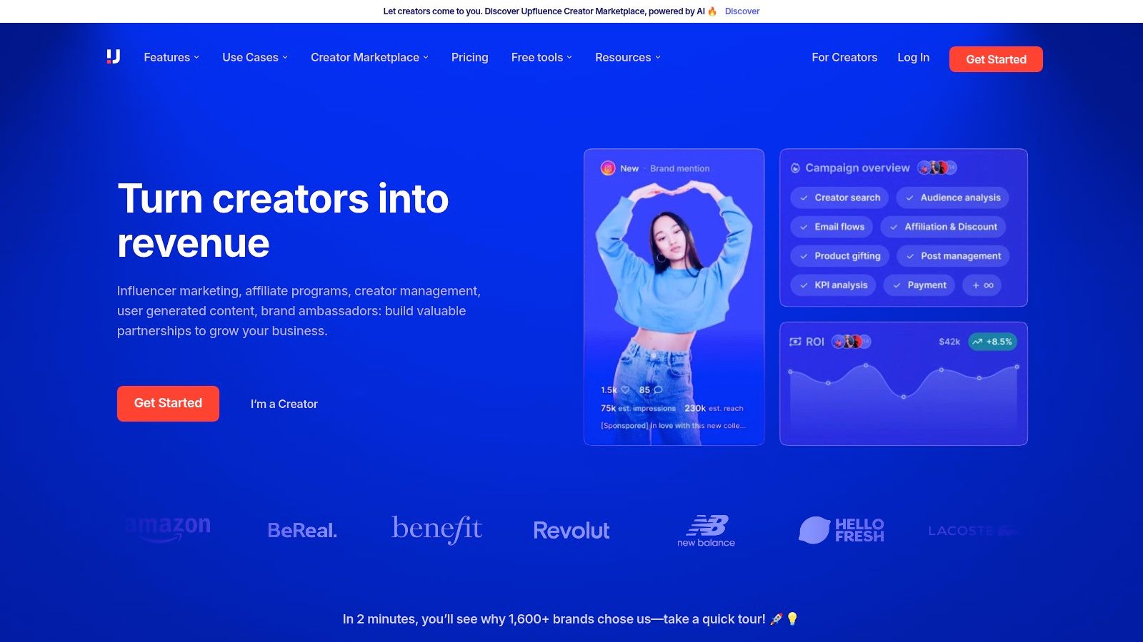 A screenshot of the Upfluence influencer dashboard, displaying campaign analytics and creator metrics, showcasing it as an influencer software for fashion brands.