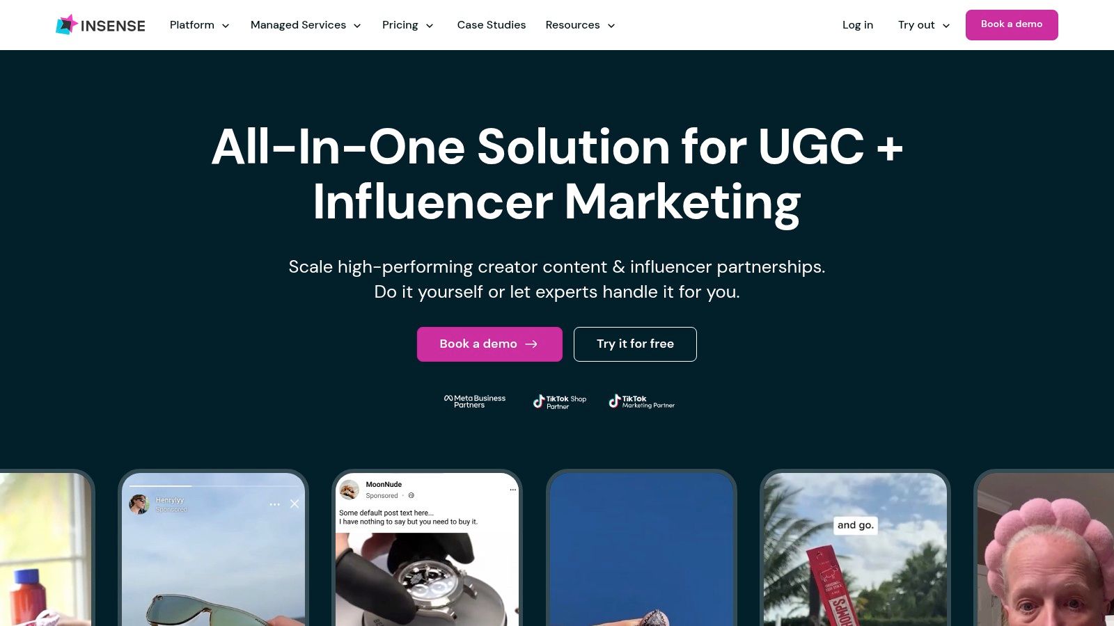 Insense's marketing platform homepage shows its capabilities as a UGC creator platform