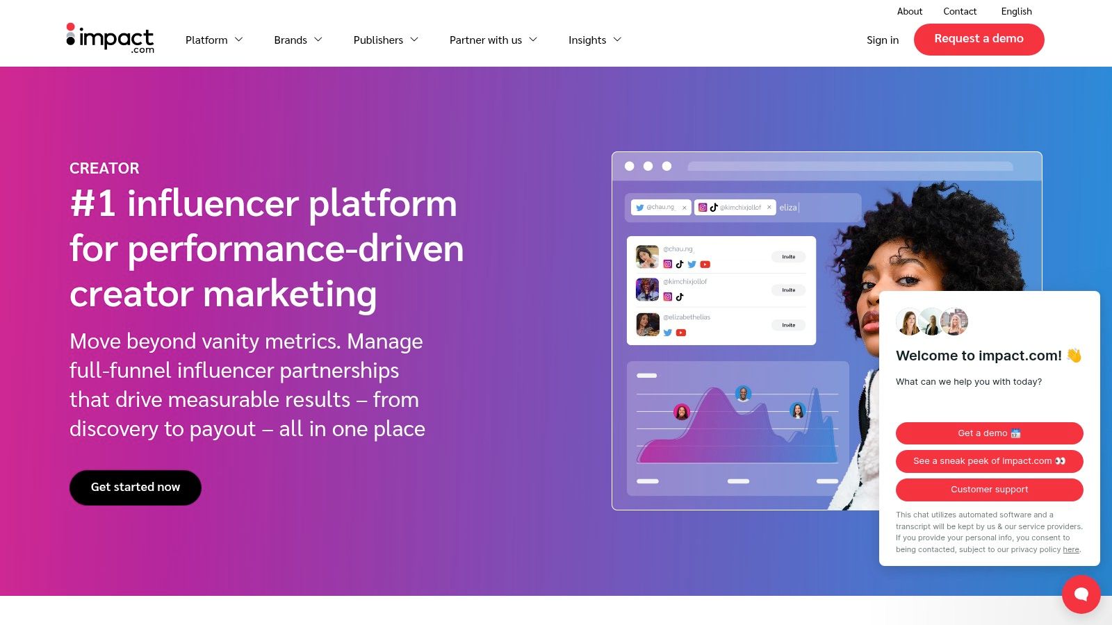 A screenshot of the impact.com / Creator dashboard, showing performance metrics and creator partnerships, highlighting its use as an influencer software for fashion brands.