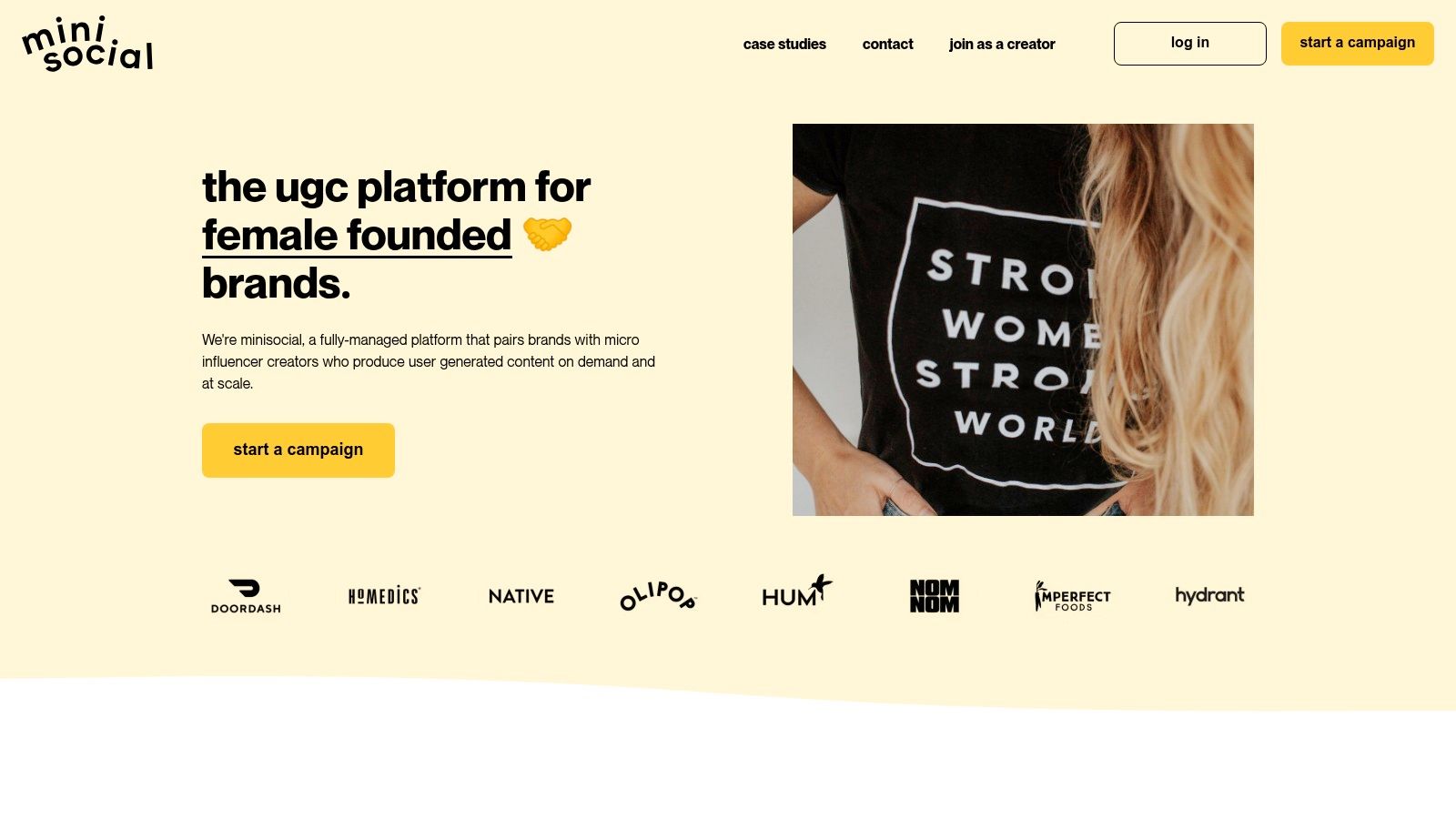 minisocial landing page showcasing its UGC creator platform service