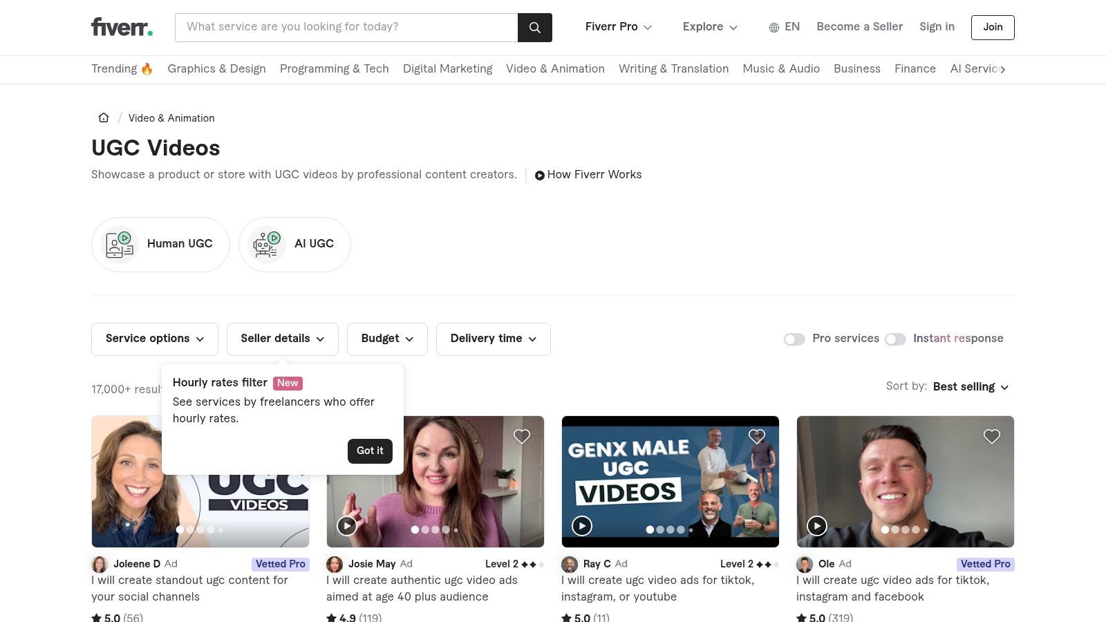 Fiverr's dedicated UGC Videos category page on its UGC creator platform