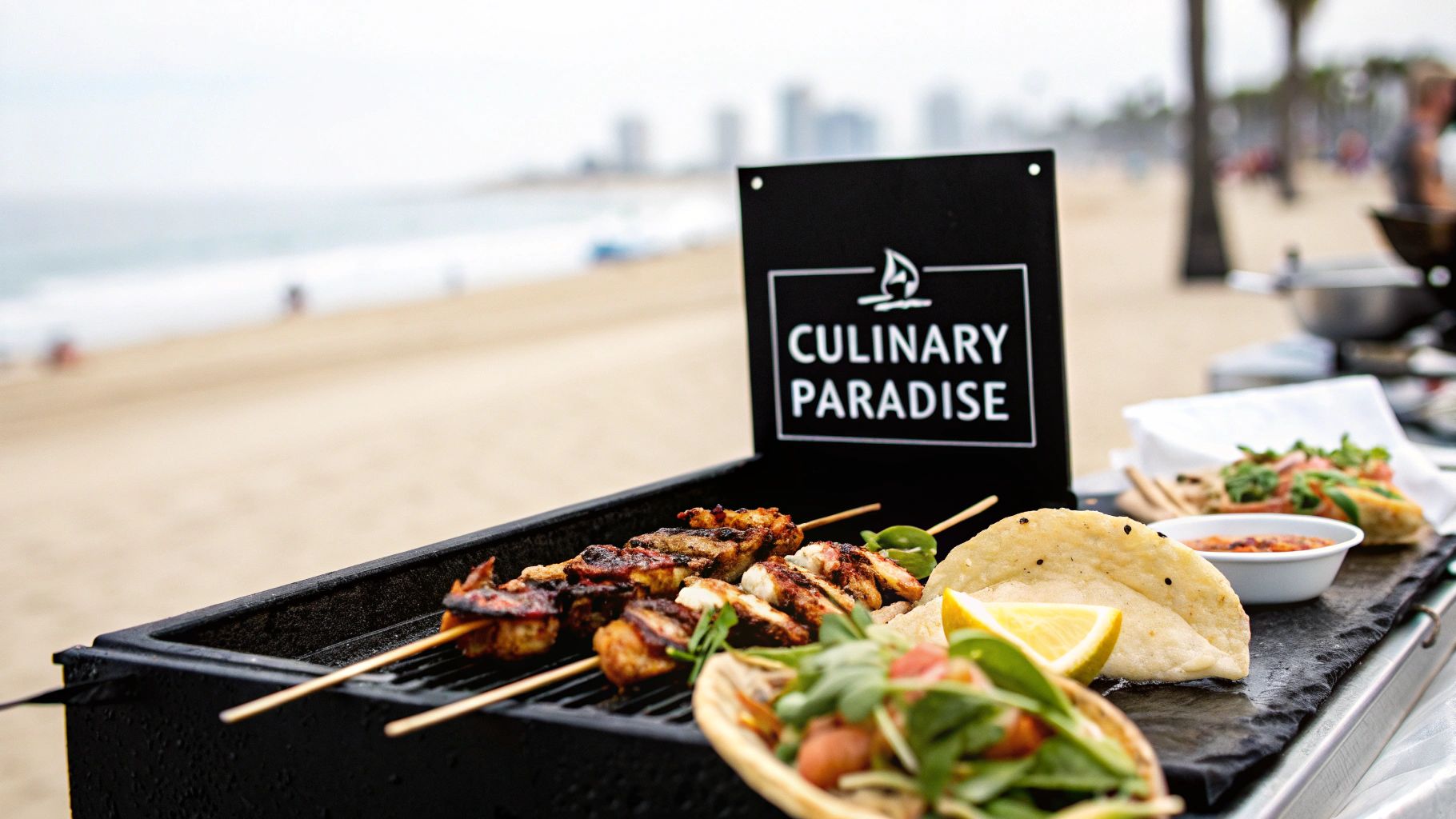 A black stand with "Culinary Paradise" sign, serving grilled skewers and tacos on the beach.