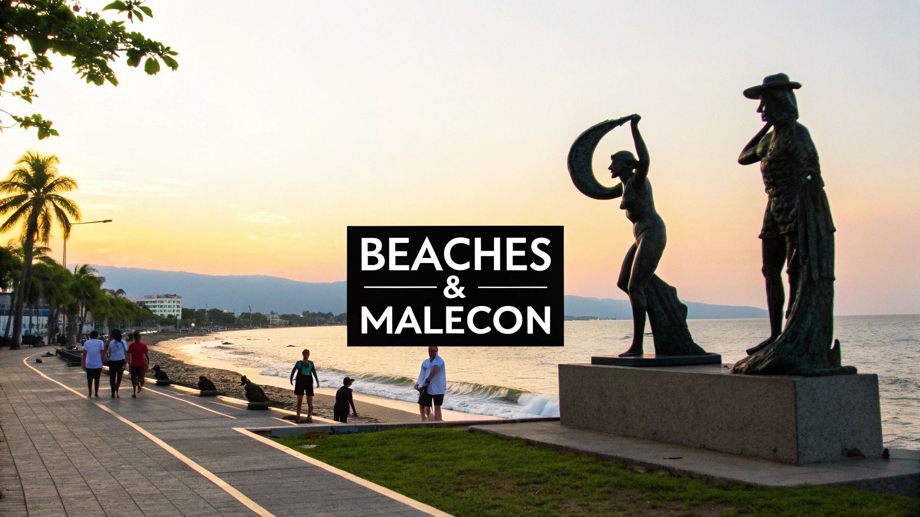 People walk on a vibrant malecon promenade at sunset, with statues, palm trees, and a beach along the ocean.