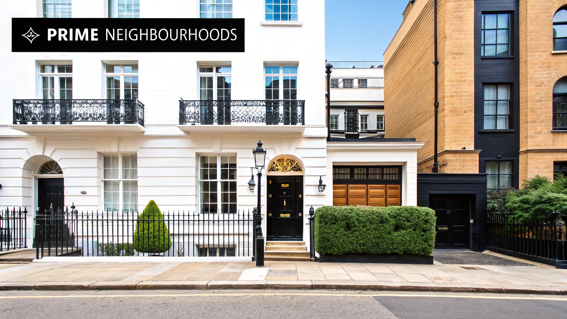 Elegant white and brick buildings in a prime London neighborhood with black doors and ornate balconies.