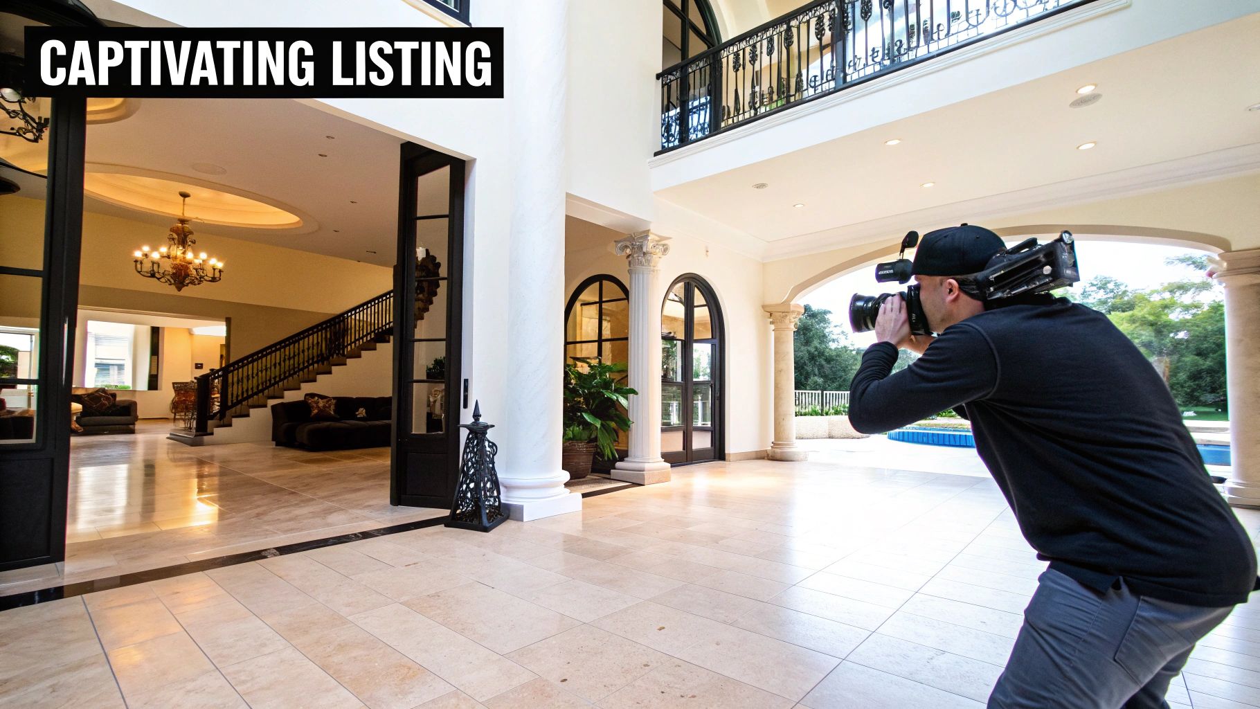 A professional videographer captures footage of a grand, luxurious real estate interior with a large camera.