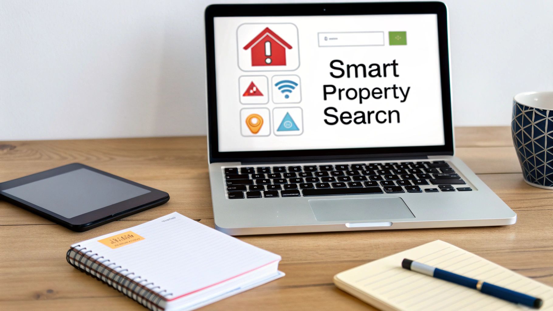 Laptop displaying a smart property search website with various icons, next to a tablet, notebooks, and a coffee mug on a wooden desk.