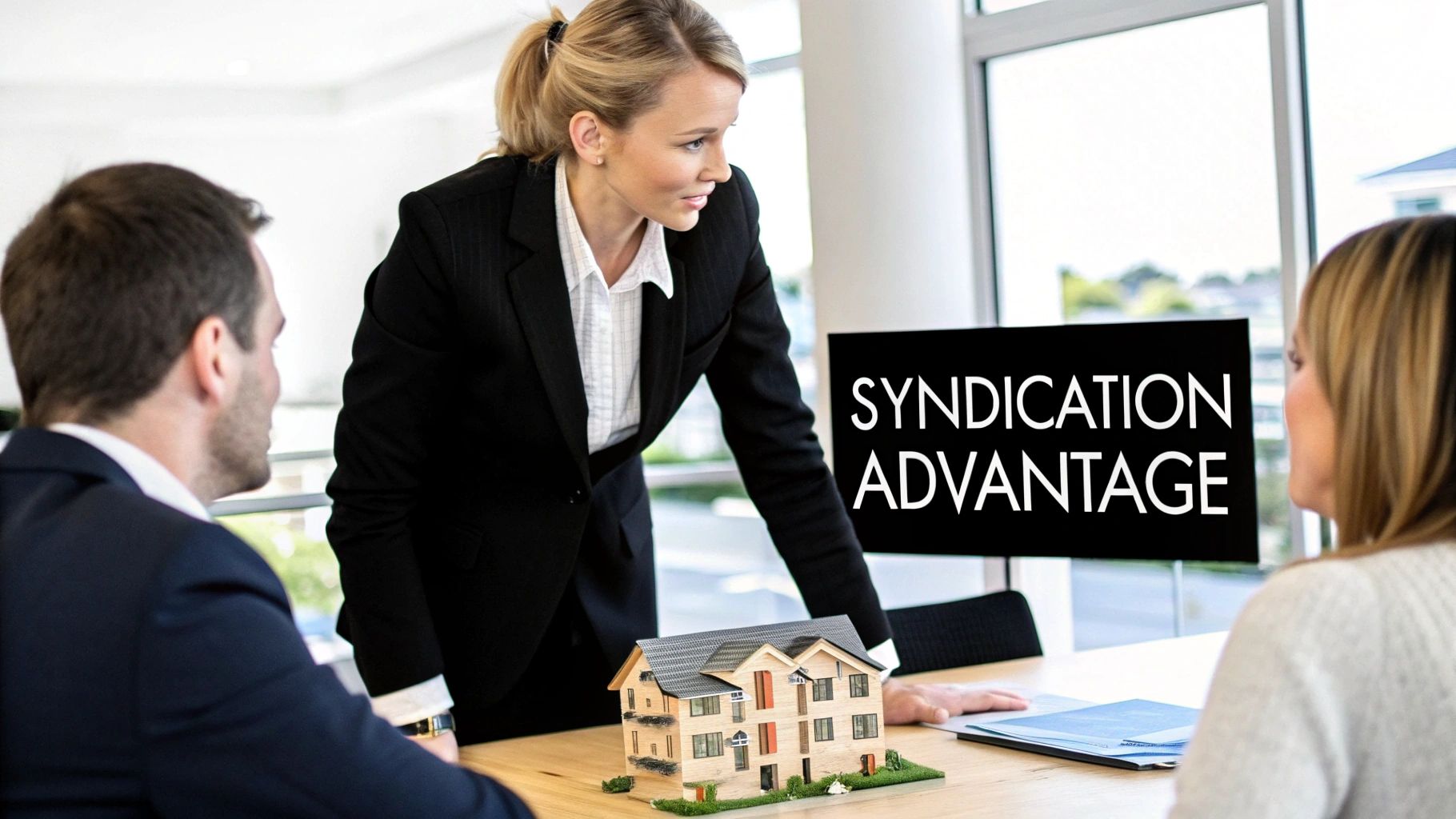 A real estate agent discusses property syndication advantages with a couple, next to a house model.