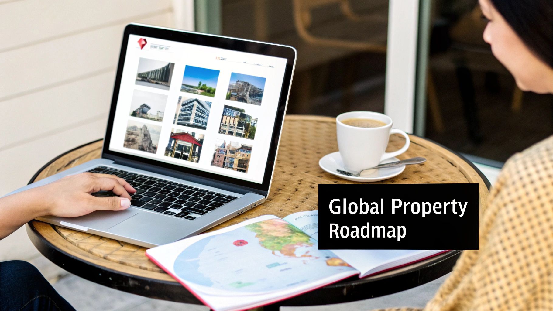 Person browsing properties on a laptop with a world map and coffee, planning a global property roadmap.