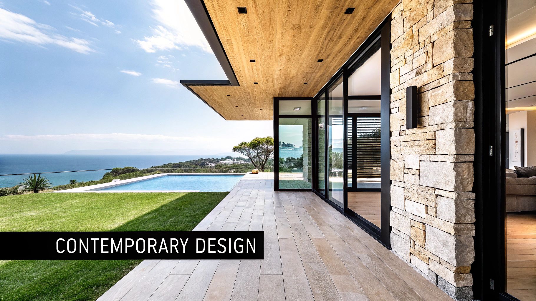 A luxurious contemporary villa with an infinity pool overlooking the ocean under a clear sky.