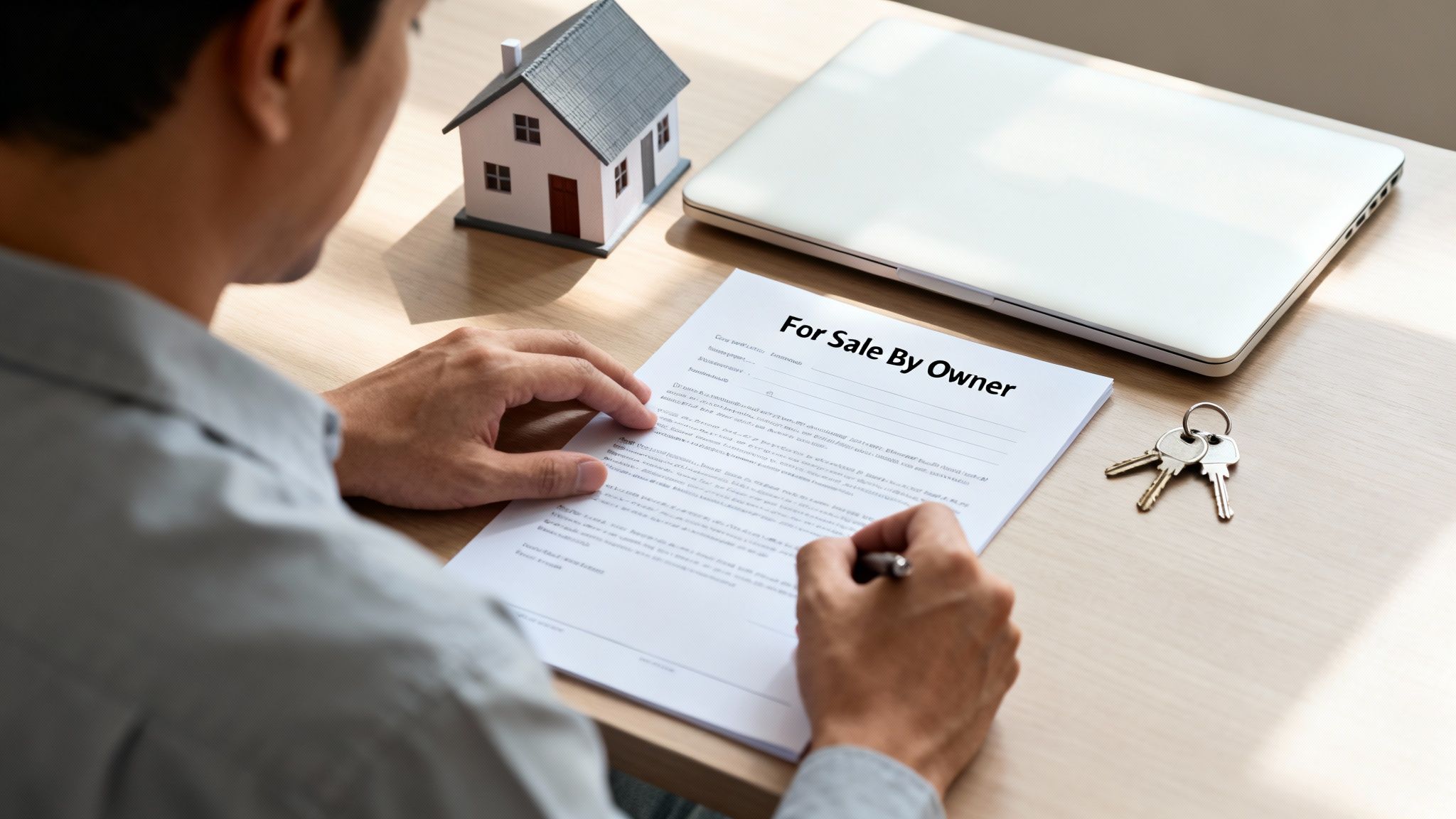 Man signing a 'For Sale By Owner' contract, with a model house, laptop, and keys on the desk.