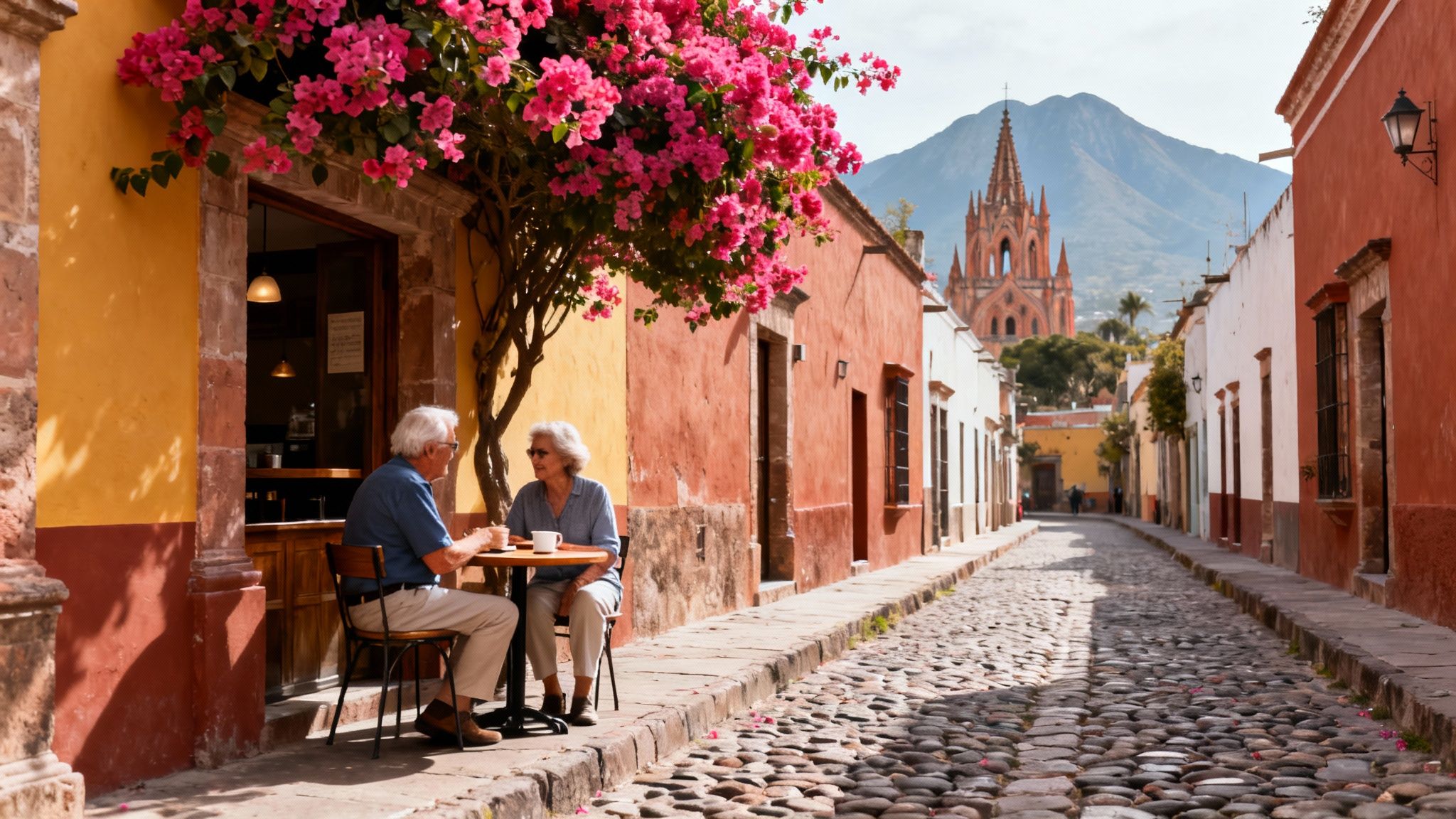 Senior couple having coffee at an outdoor cafe in a colorful, charming old town with a church and mountain.