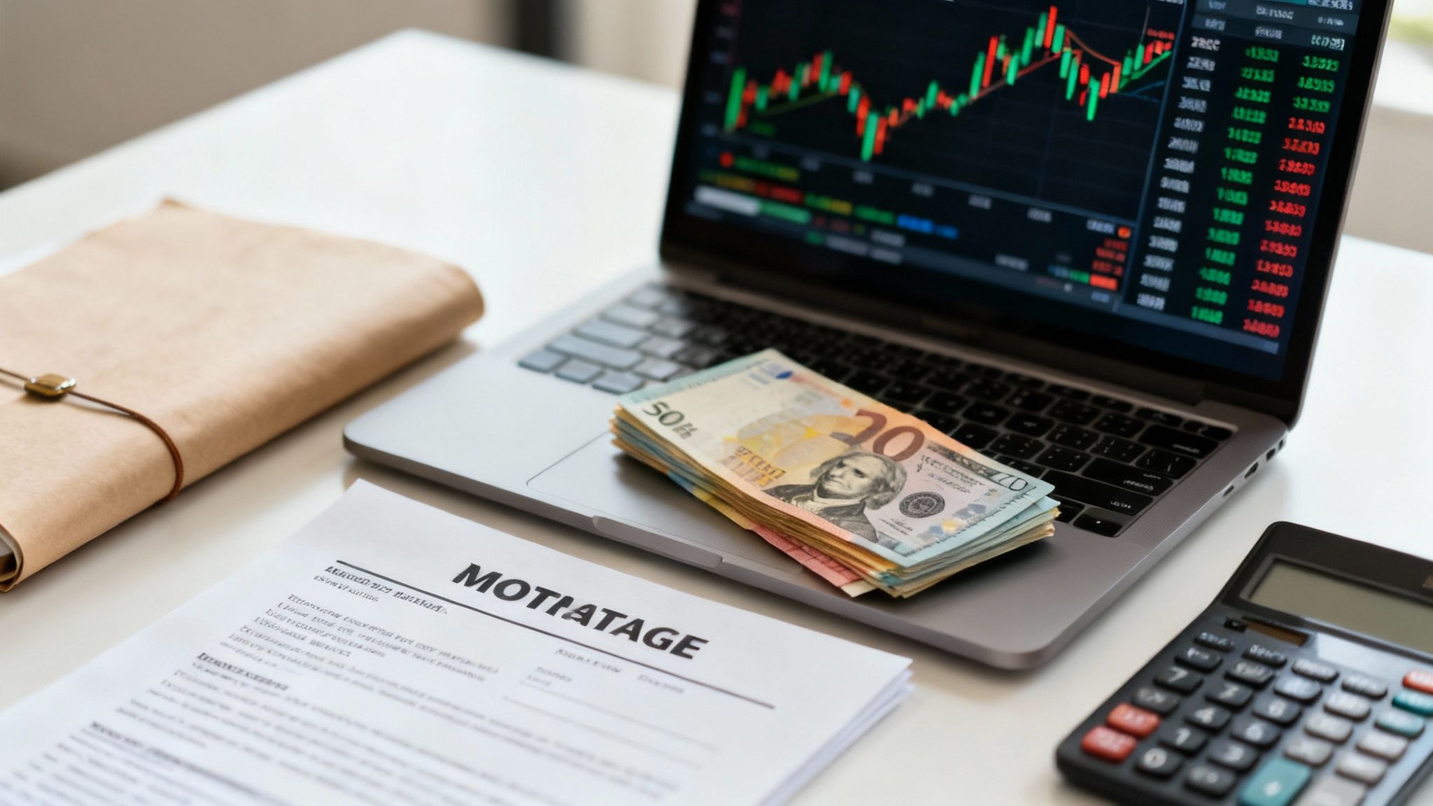 Investing in Foreign Real Estate: A Strategic Guide for Global Investors 3 A desk with a laptop showing financial charts, money, a mortgage document, and a calculator.