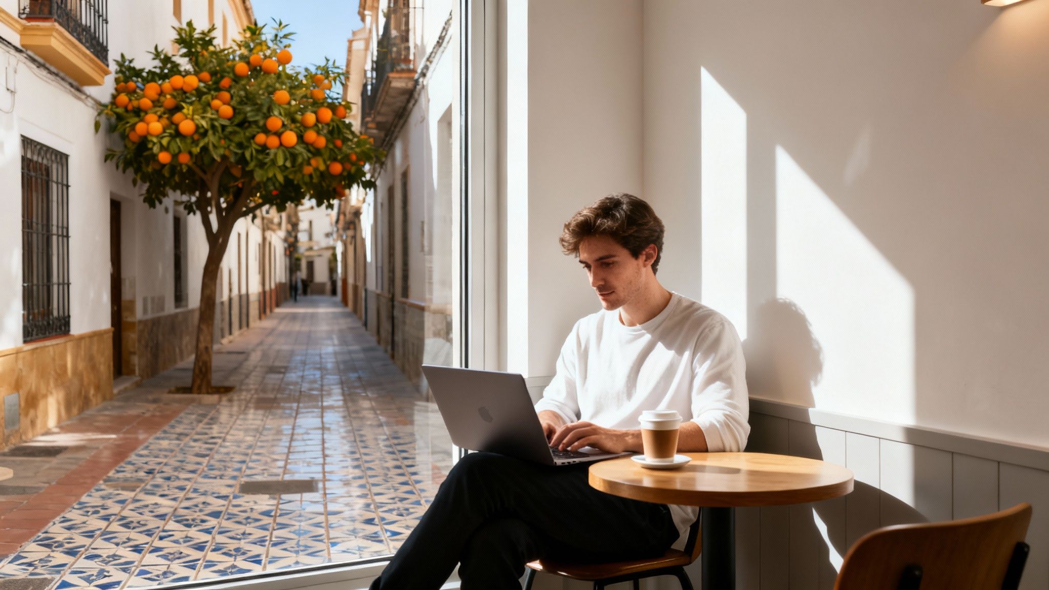 Man working on laptop in a cafe, looking out at a charming Spanish street with an orange tree.