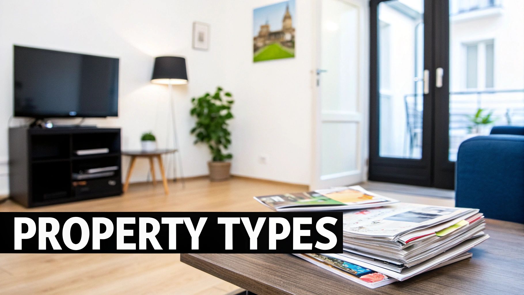 A bright, modern apartment living room with a TV, a floor lamp, and a stack of magazines on a coffee table.