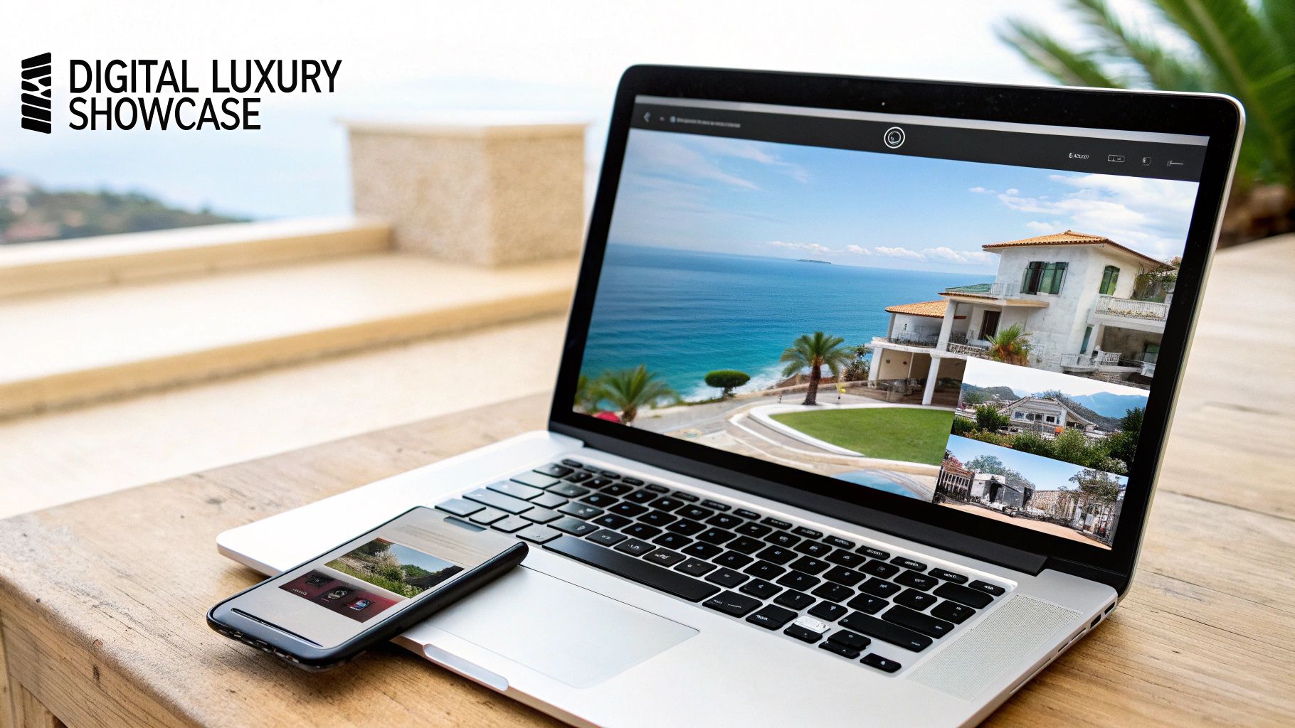 Digital luxury real estate showcase on a laptop and smartphone, featuring a stunning ocean-view villa.