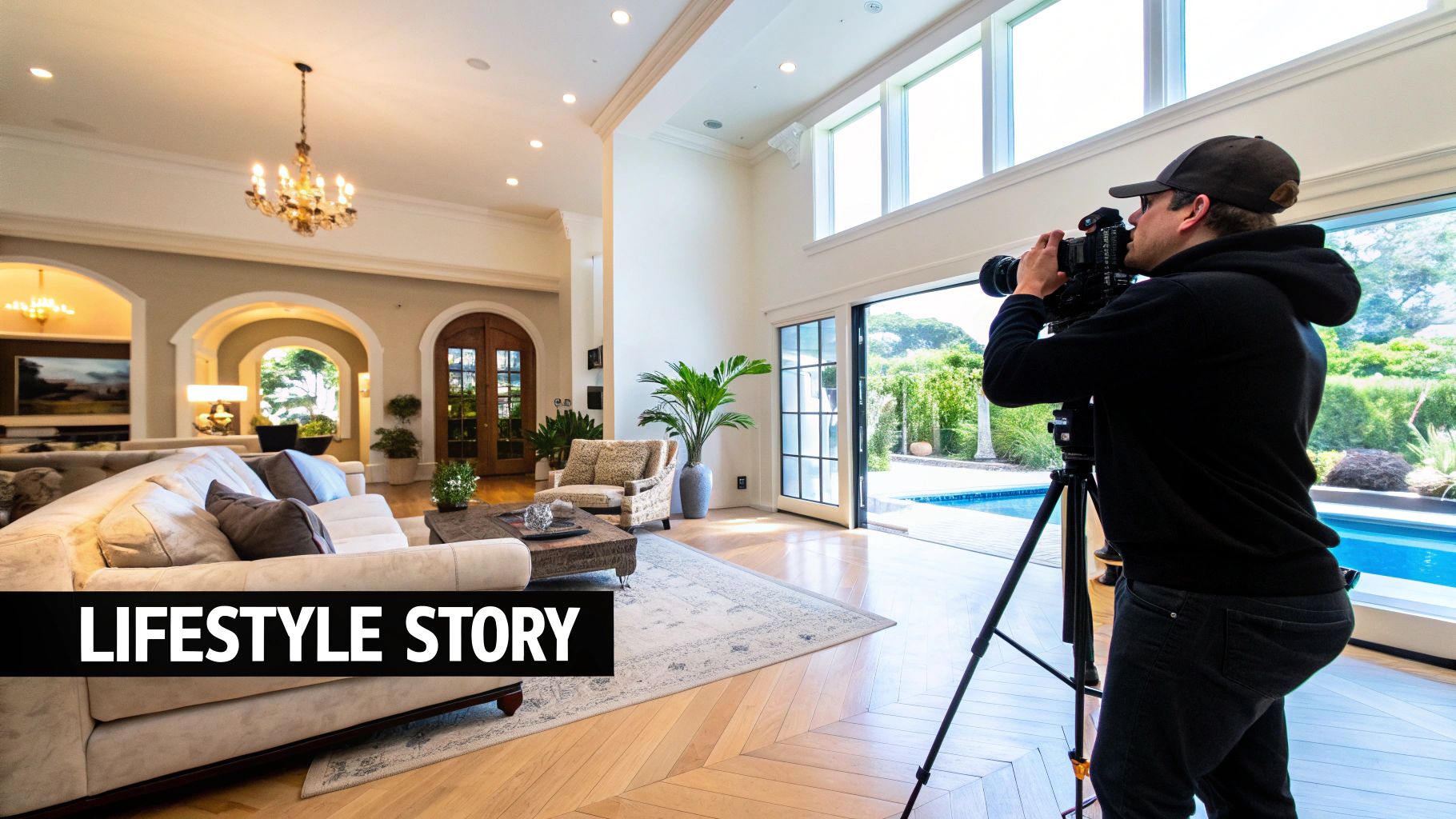 A videographer films a luxury home interior with a bright living room and a pool view.