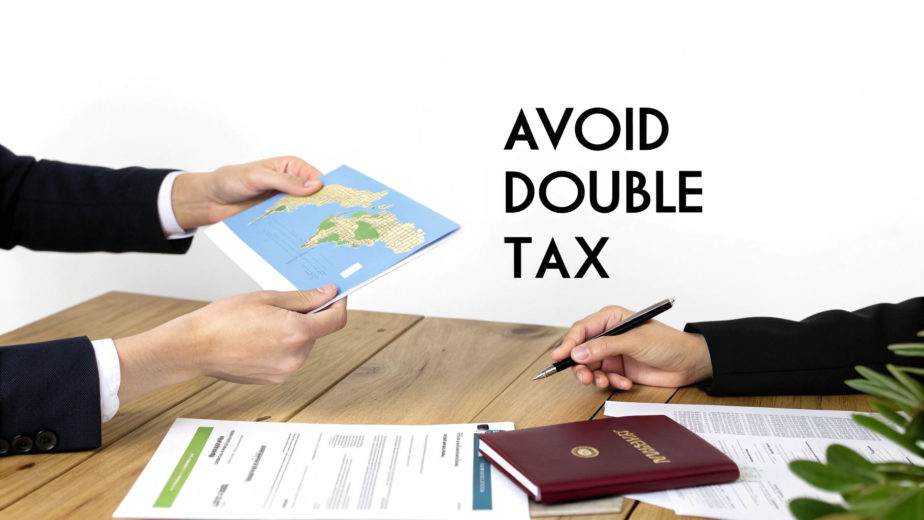 Business professionals at a desk exchange a world map, discussing international tax agreements and avoiding double taxation.