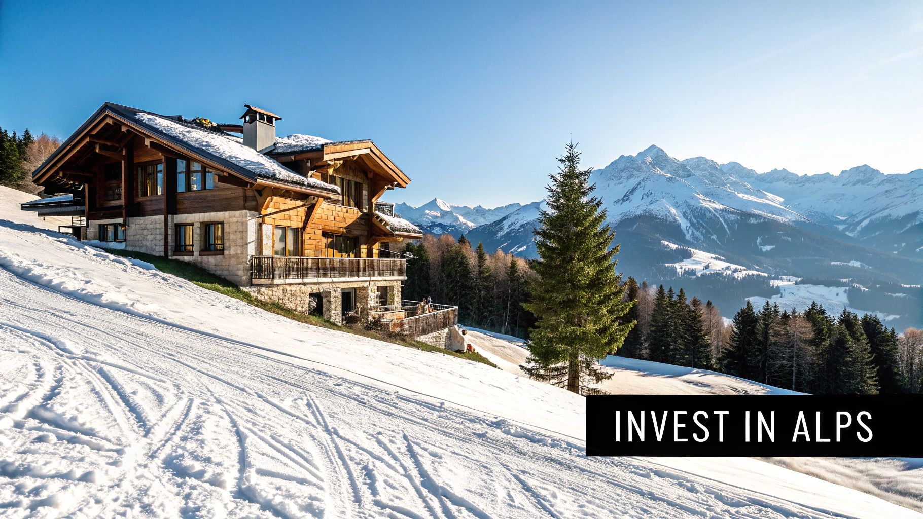 Your Definitive Guide to Luxury Ski Chalets for Sale in the French Alps 2 A luxurious wooden ski chalet on a snowy mountain slope with pine trees and majestic Alps in the background.