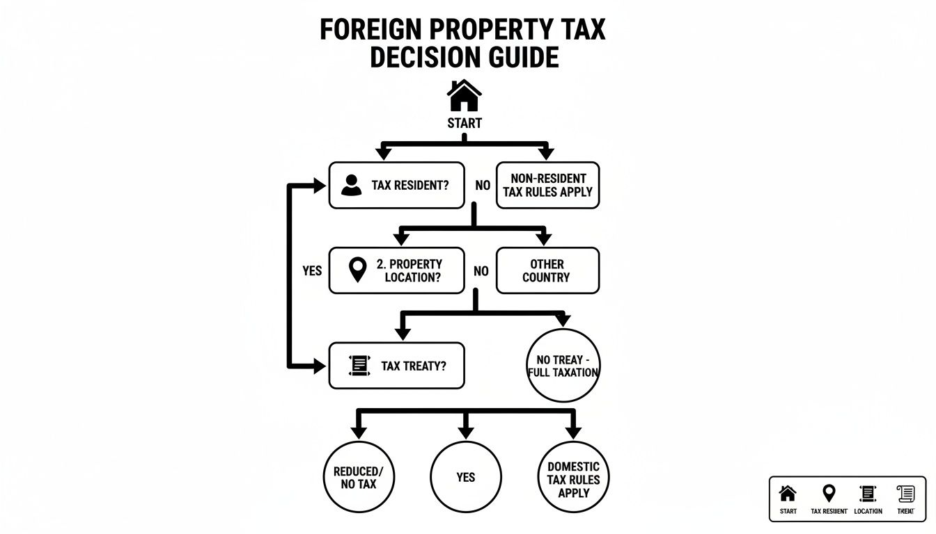 Flowchart illustrating a foreign property tax decision guide based on residency, property location, and tax treaties.