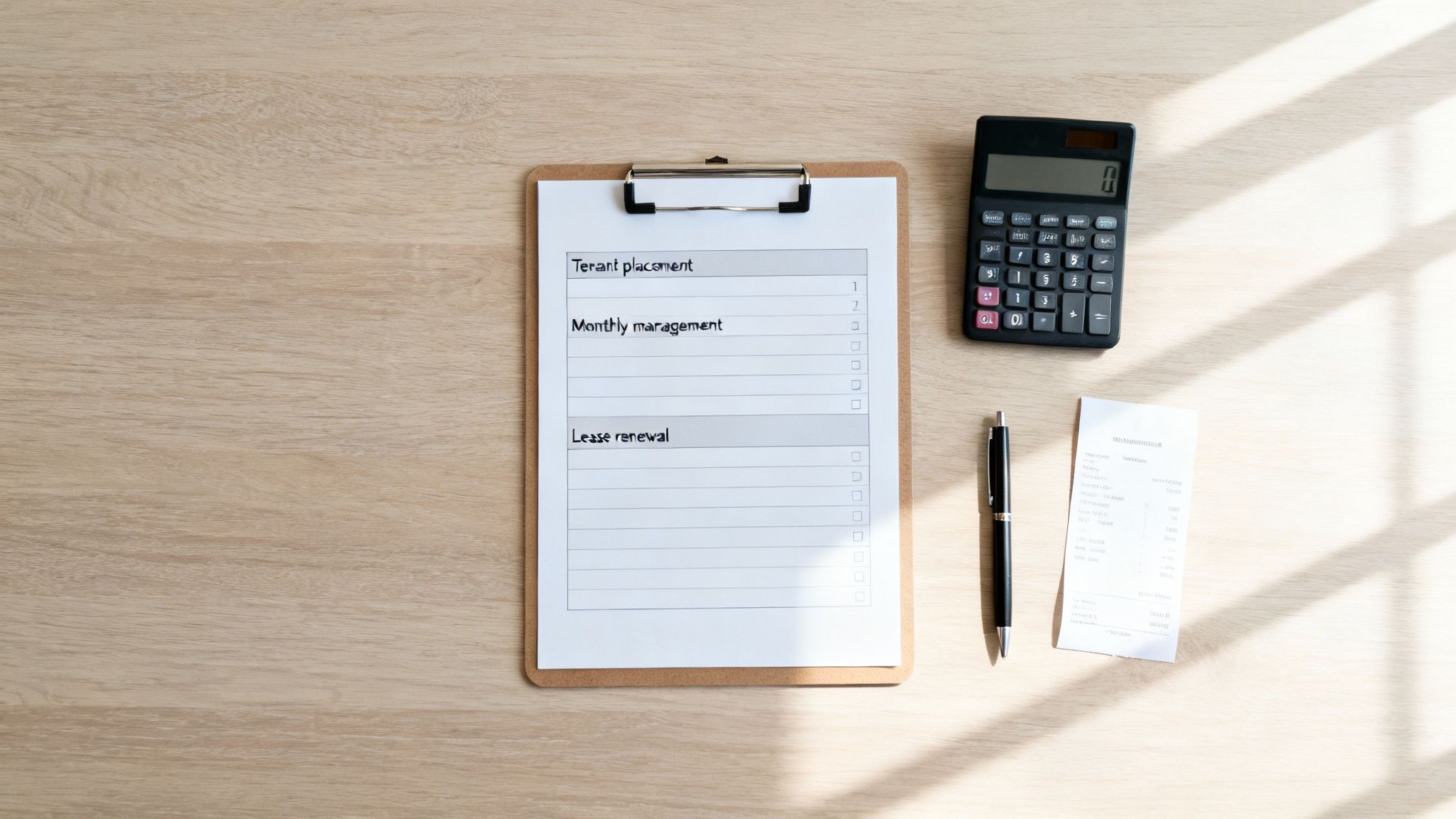 Overhead view of a clipboard with property management tasks, a calculator, pen, and receipt on a wooden desk.
