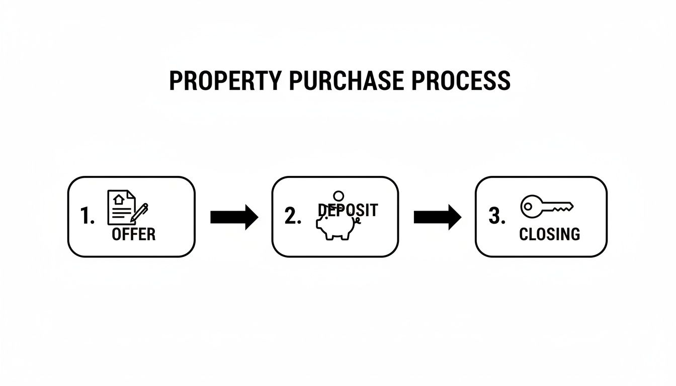 A diagram illustrating the three-step property purchase process: Offer, Deposit, and Closing.