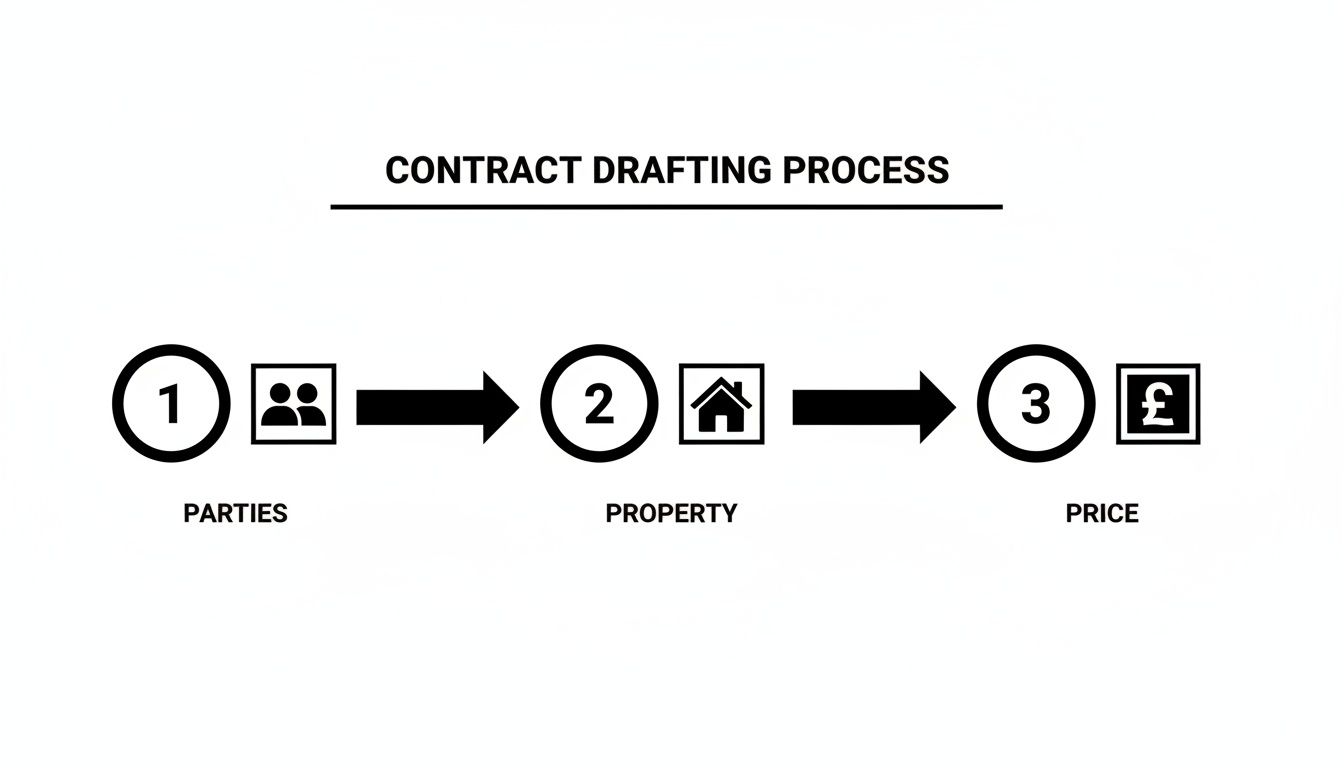 A step-by-step flowchart illustrates the contract drafting process, detailing parties, property, and price considerations.