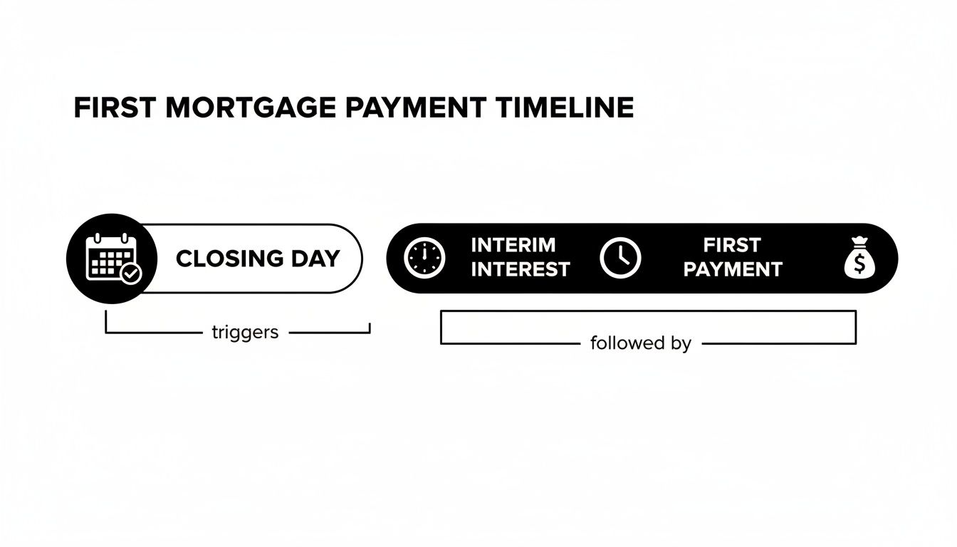 Your First Mortgage Payment: A Guide for International Property Buyers 4 A timeline graphic outlining the first mortgage payment process, from closing day to interim interest and the first payment.