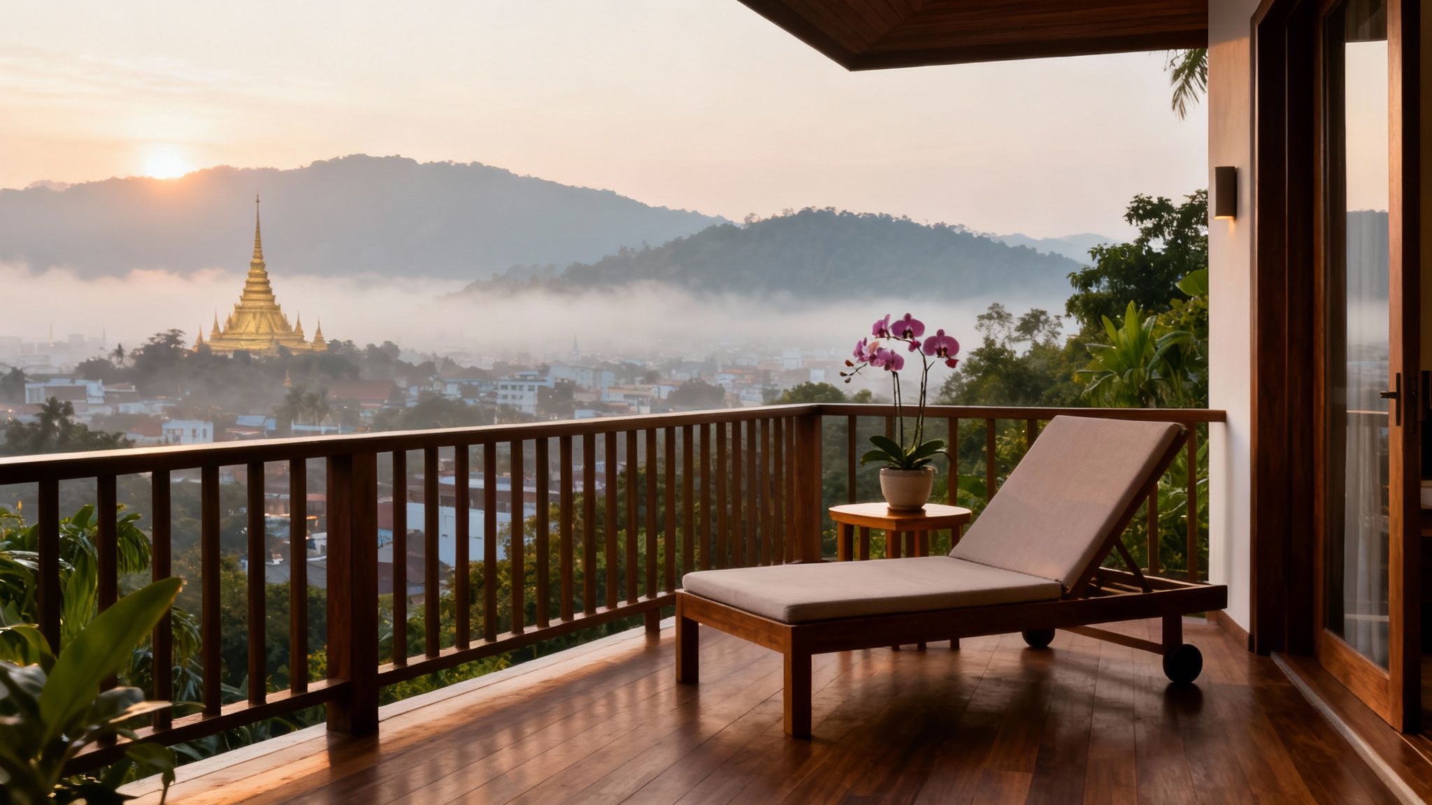 The World's Best Countries for Retirement: A 2026 Investor's Guide to Property, Visas & Lifestyle 4 A balcony view of a golden pagoda rising above a misty valley at sunrise, with a lounge chair and orchid.
