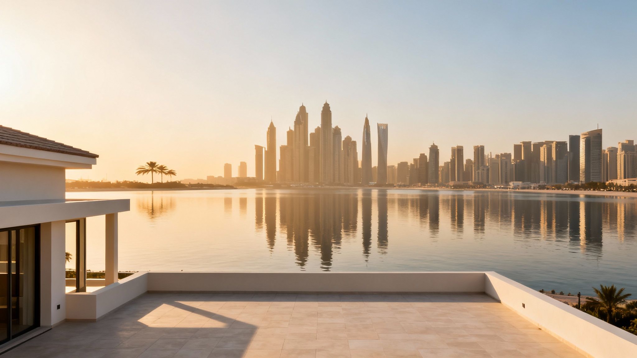 A luxurious terrace overlooking a modern city skyline and palm trees reflected on calm water at sunset.