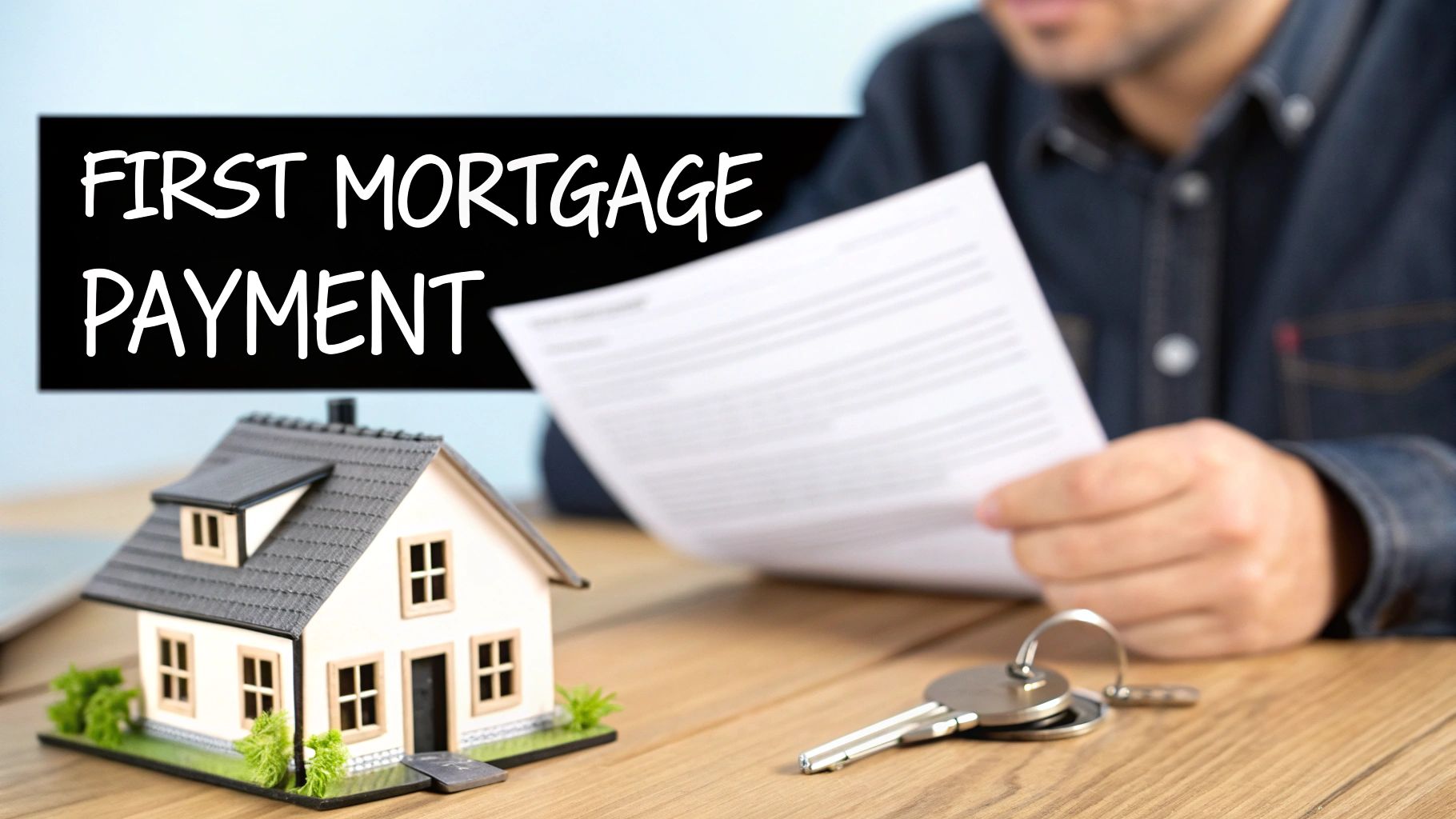 Your First Mortgage Payment: A Guide for International Property Buyers 2 A miniature house, keys, and a person reviewing a document with 'FIRST MORTGAGE PAYMENT' text.