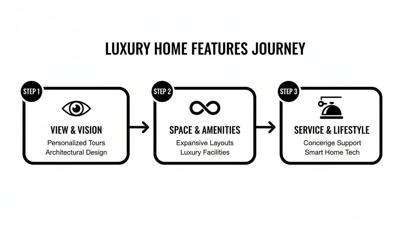 A black and white infographic showing a three-step journey for luxury home features, covering vision, amenities, and lifestyle.