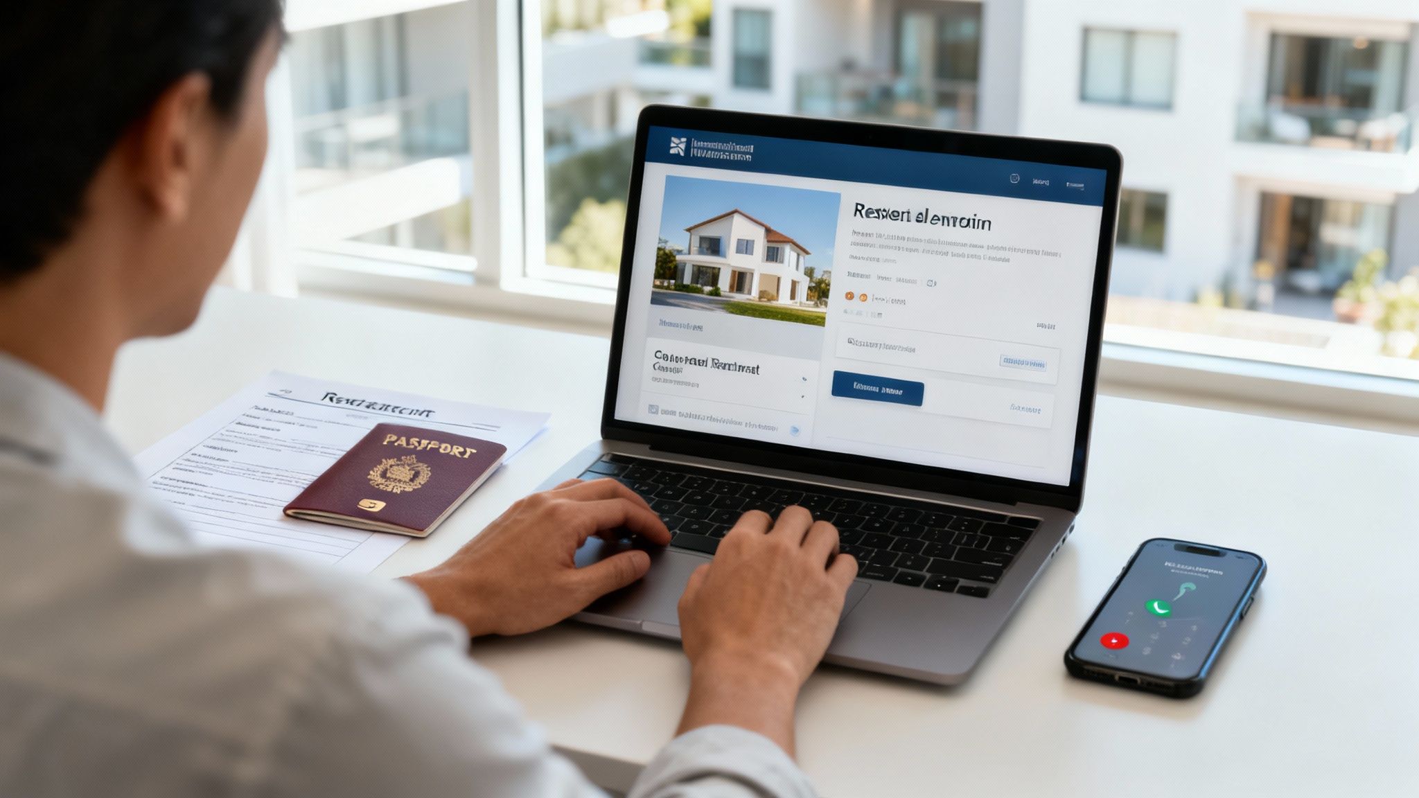 Person typing on a laptop, viewing a house on a real estate website, with a passport and phone nearby.