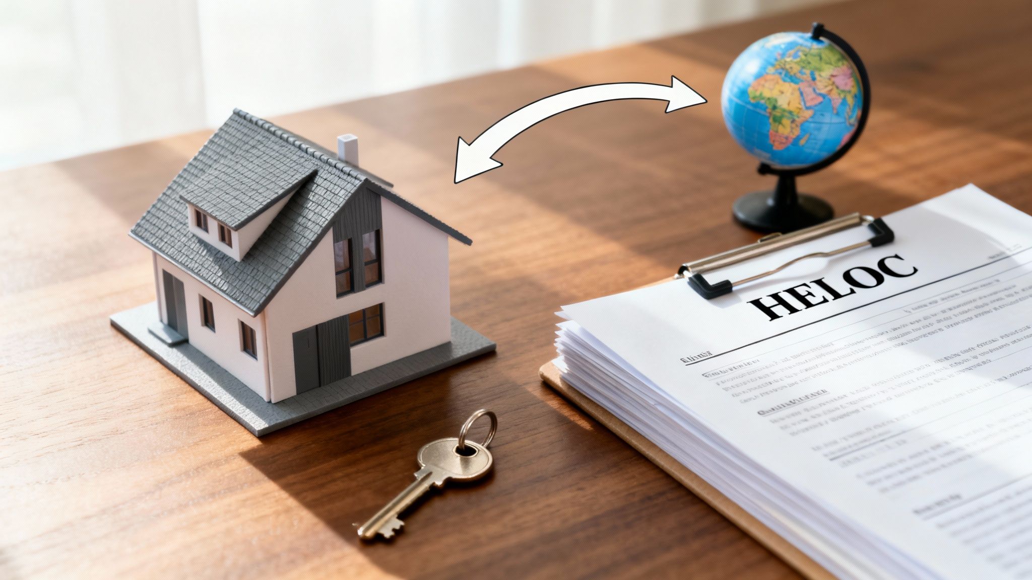 Second Home Financing Options: A Global Investor's Guide 4 A model house, a key, a globe, and a document with 'HELOC' symbolize home equity line of credit.