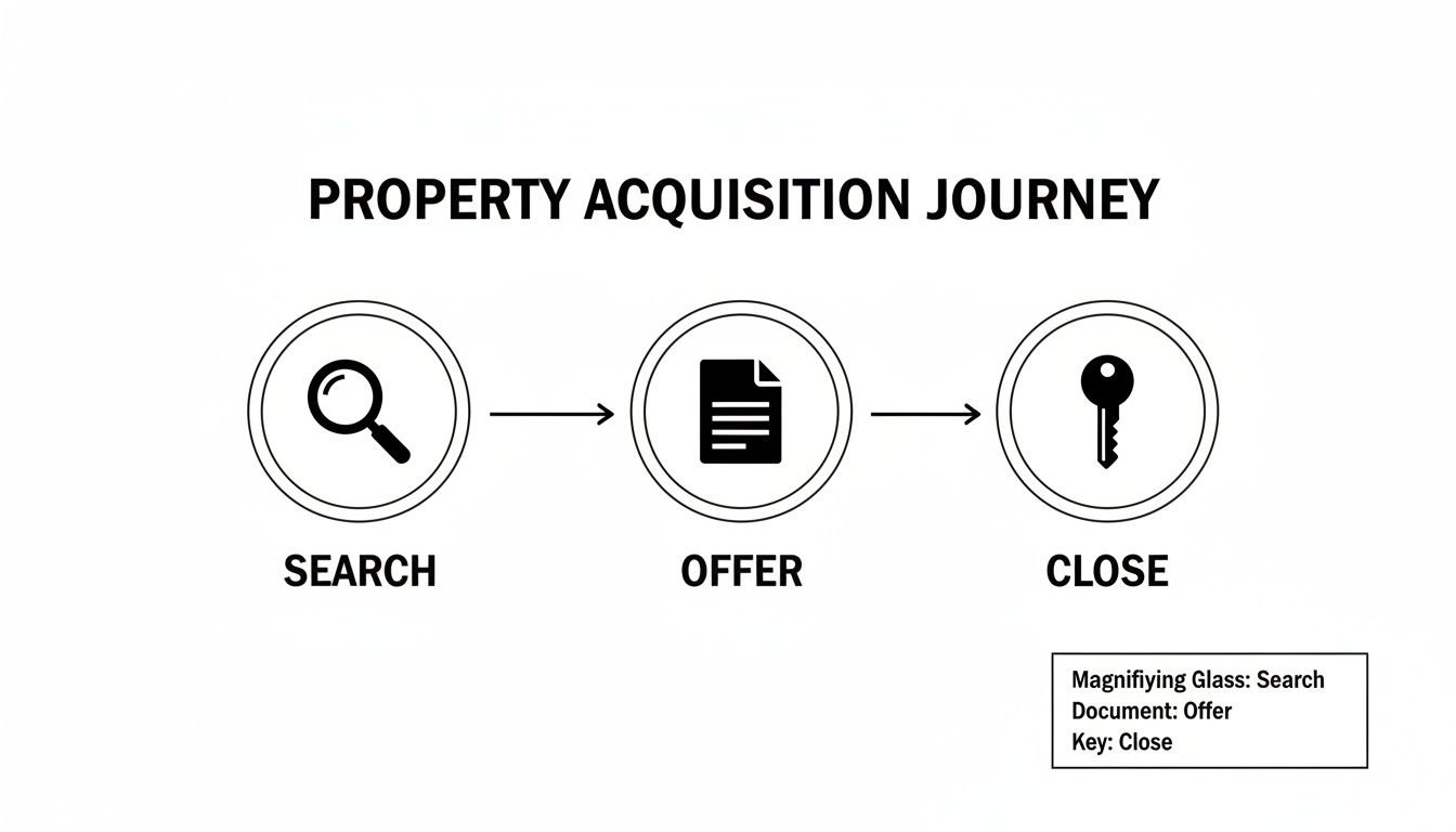 Flowchart illustrating the property acquisition journey with three steps: search, offer, and close, each with a relevant icon.
